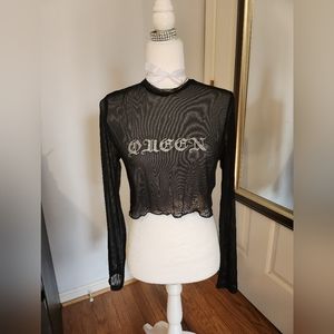 Edikted Queen Rhinestone Mesh Cropped Shirt Size Large